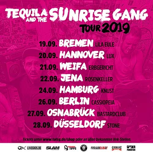 (C) Uncle M Music/Spider Promotion / TEQUILA AND THE SUNRISE GANG Tourposter 2019 / Zum Vergrößern auf das Bild klicken